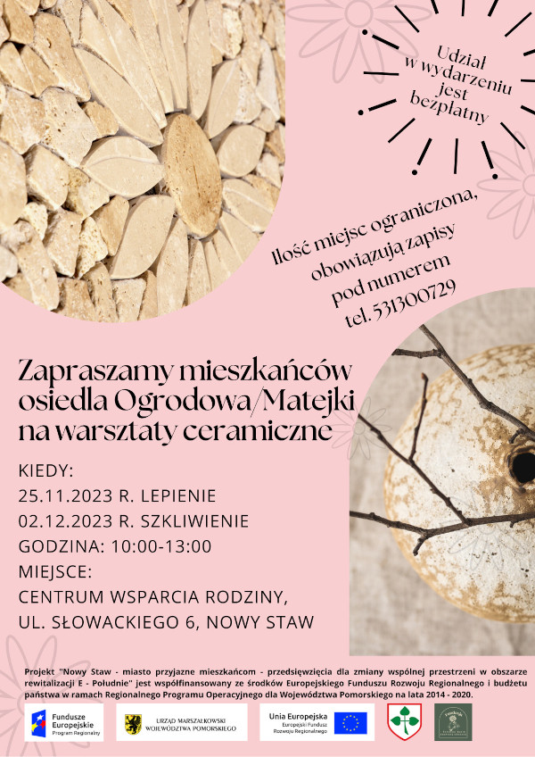 Plakat przedstawiający zaproszenie na darmowe warsztaty ceramiczne